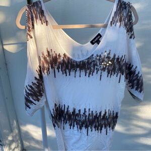 Y2K bebe White & Bronze Sequin Cold Shoulder Top Size Small